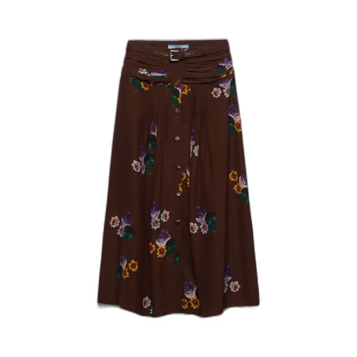 Printed pongee midi-skirt