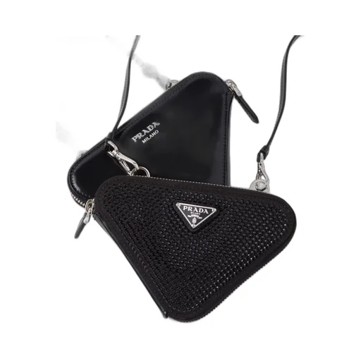 Triangular embellished satin and leather mini-pouch