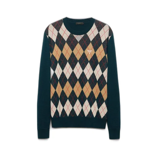 Wool crew-neck sweater with an Argyle pattern