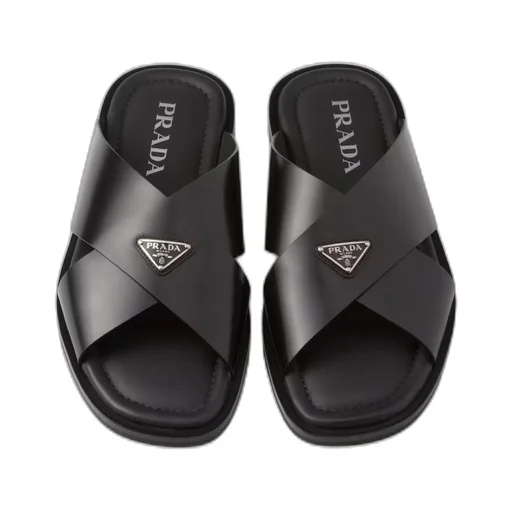 Brushed leather crisscross slides