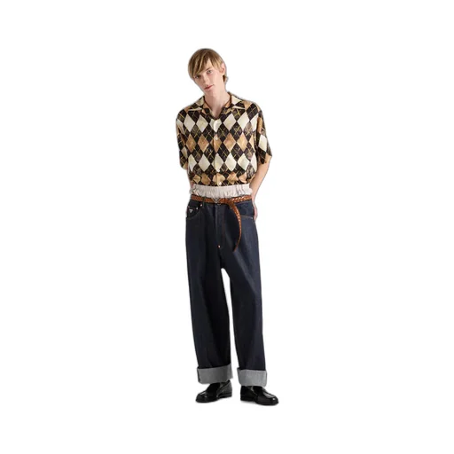 Short-sleeved Argyle-pattern silk twill shirt