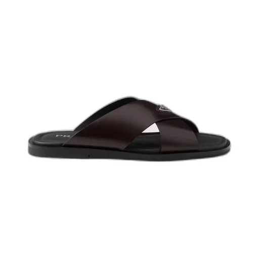 Brushed leather crisscross slides