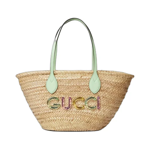 Small straw tote bag with Gucci logo