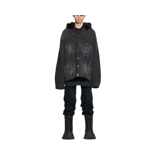 Bleached-Effect Button-Up Hooded Denim Jacket