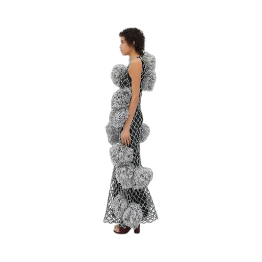 Paper Mesh Crochet Dress With Pompom