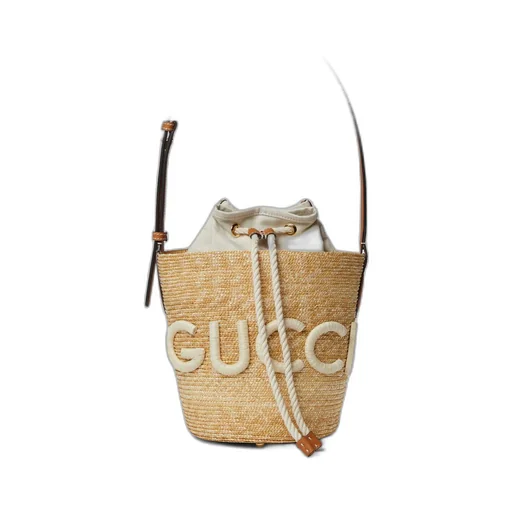 Small straw shoulder bag with Gucci patch