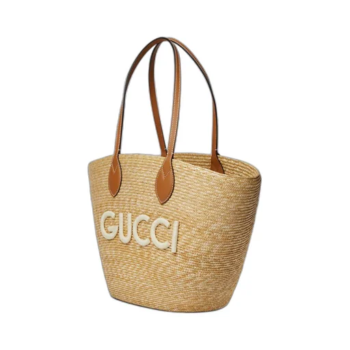 Medium straw tote with Gucci patch