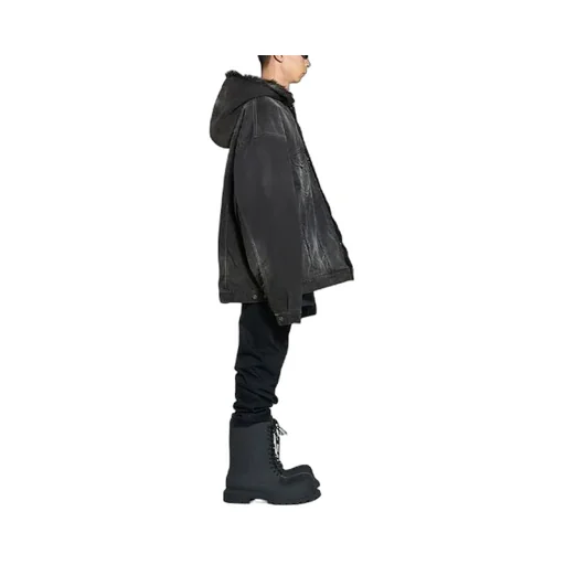 Bleached-Effect Button-Up Hooded Denim Jacket