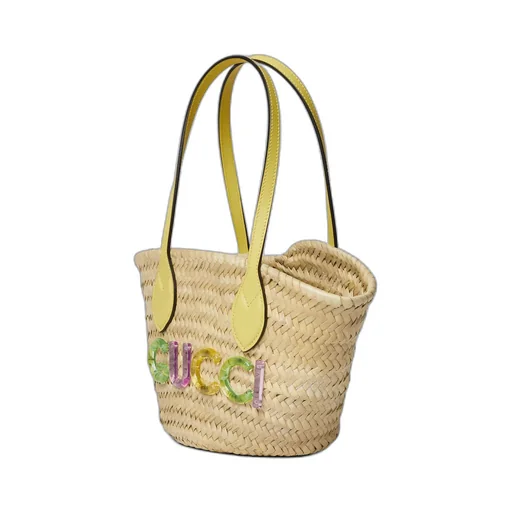Mini straw tote with Gucci logo
