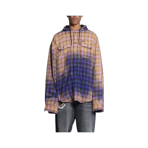 Bleached Plaid Long Sleeve Hooded Shirt