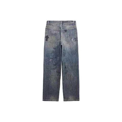 Doodle-Print Straight Denim Pants