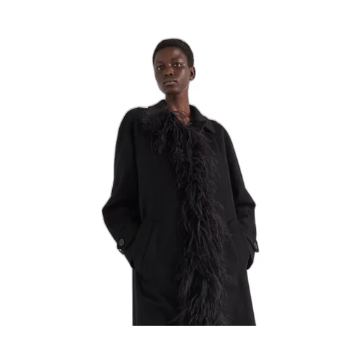 Single-breasted cashmere coat with feathers