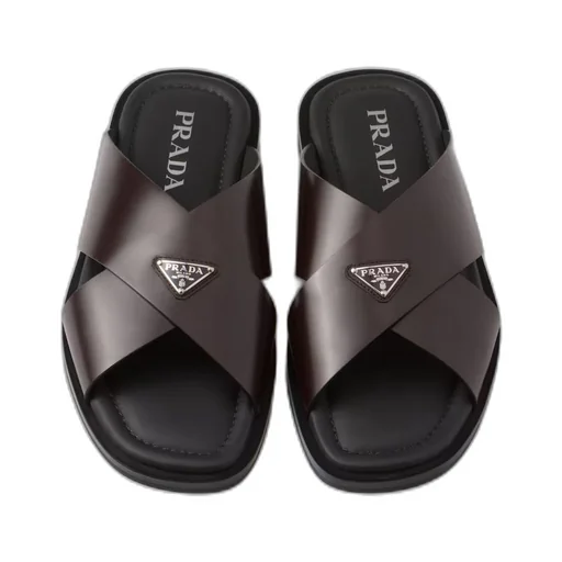 Brushed leather crisscross slides