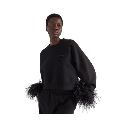 Crew-neck sweatshirt with feather trim