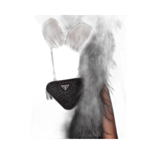 Triangular embellished satin and leather mini-pouch