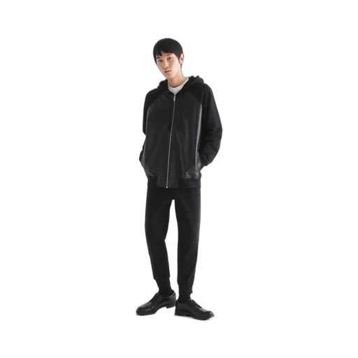 Technical fleece and leather hoodie jacket