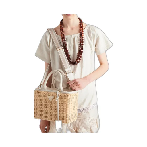 Medium wicker and linen blend tote bag