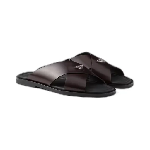 Brushed leather crisscross slides