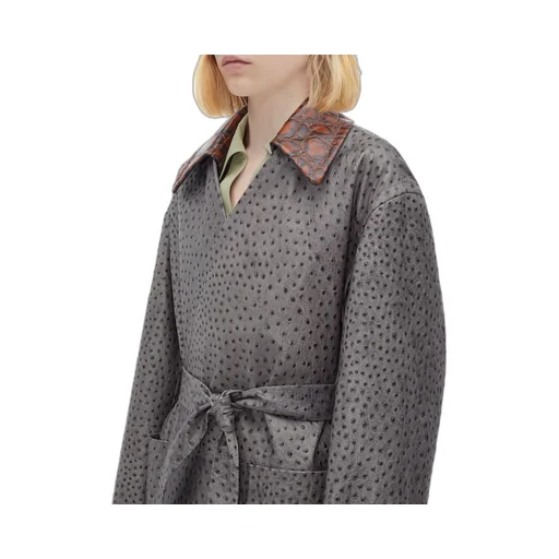 Ostrich-Effect Leather Belted Coat