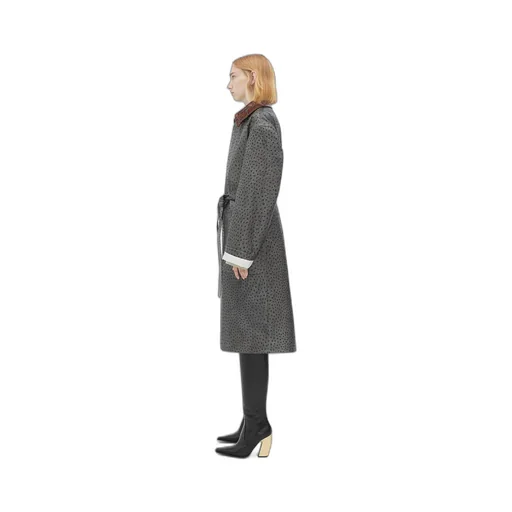 Ostrich-Effect Leather Belted Coat