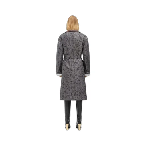 Ostrich-Effect Leather Belted Coat