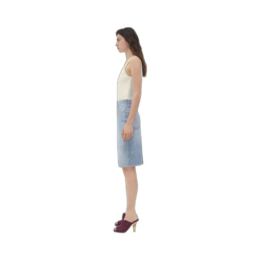 Printed Leather Denim Midi Skirt