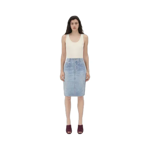 Printed Leather Denim Midi Skirt