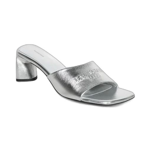Logo Embossed Metallic Leather Sandal Heels
