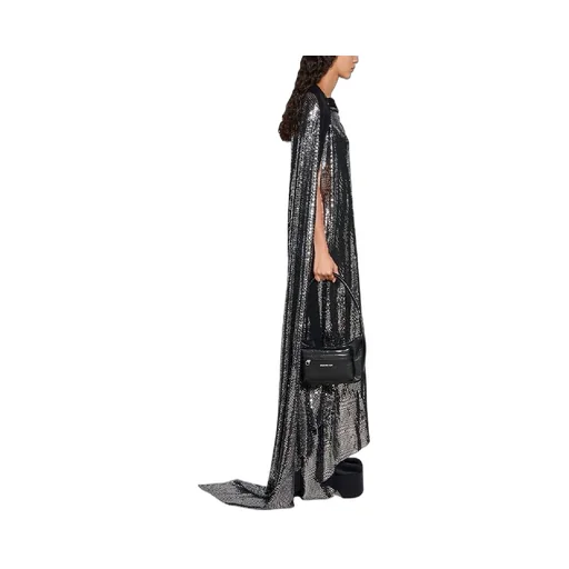 Boat Neck Drape Metallic Effect Long Dress