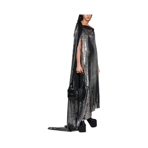 Boat Neck Drape Metallic Effect Long Dress