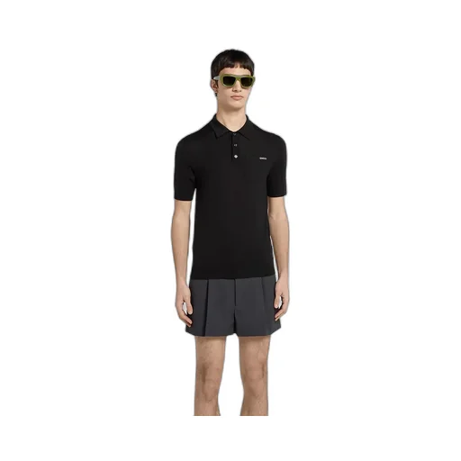 Fine Wool Knit Polo Top With Intarsia