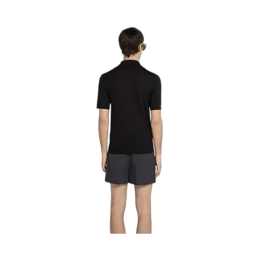 Fine Wool Knit Polo Top With Intarsia