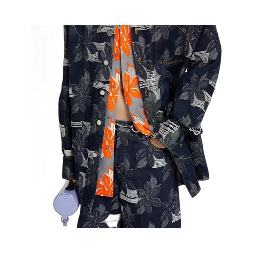 Cotton Denim Floral Jacquard Shirt