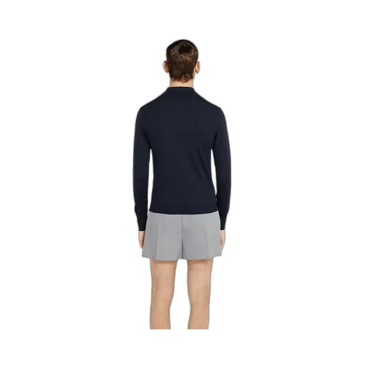 Fine Wool Knit Polo Top With Intarsia