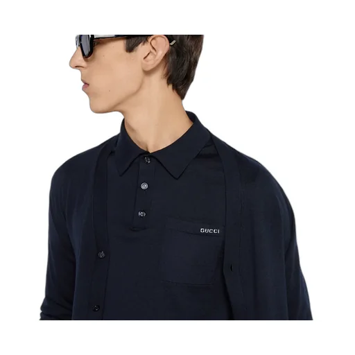 Fine Wool Knit Polo Top With Intarsia