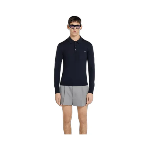 Fine Wool Knit Polo Top With Intarsia