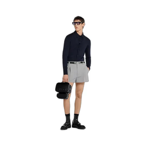 Fine Wool Knit Polo Top With Intarsia