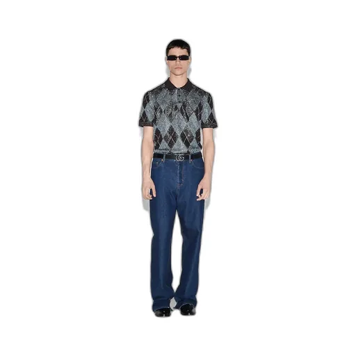 Viscose Lamé Argyle Knit Polo Shirt