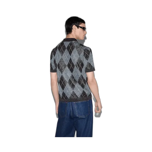Viscose Lamé Argyle Knit Polo Shirt