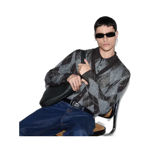 Viscose Lamé Argyle Knit Polo Shirt