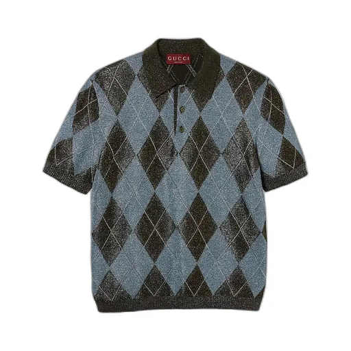 Viscose Lamé Argyle Knit Polo Shirt