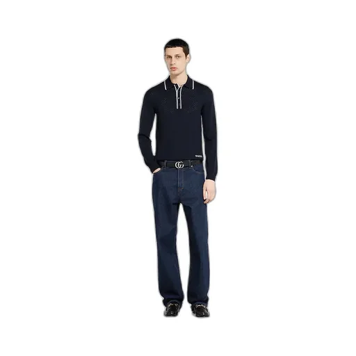 Fine Wool Knit Polo Shirt With Intarsia