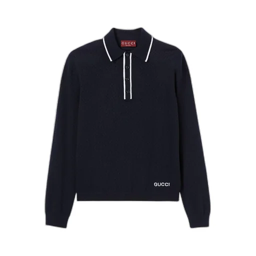 Fine Wool Knit Polo Shirt With Intarsia
