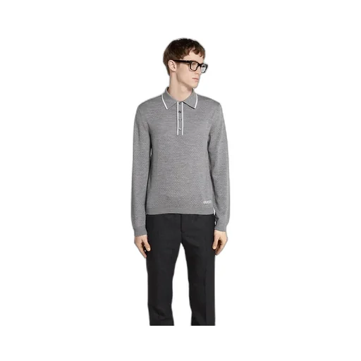 Fine Wool Knit Polo Shirt With Intarsia