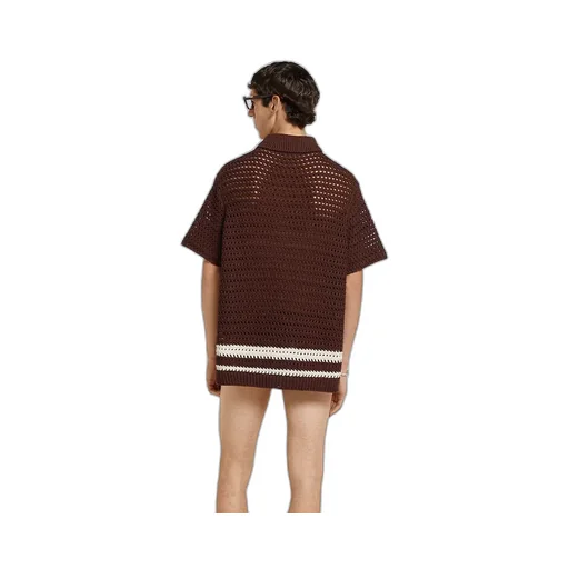 Crochet Cotton Knit Polo Shirt With Stripes