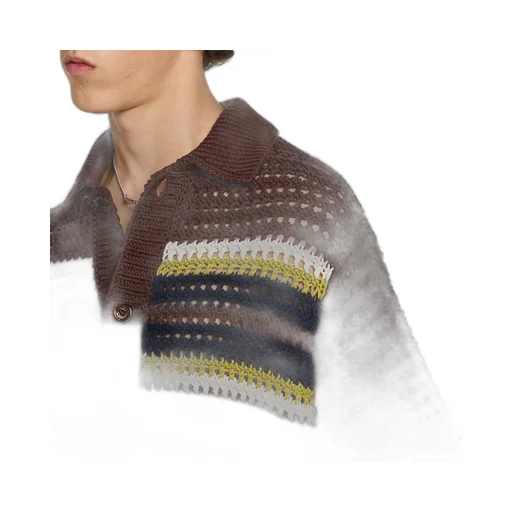 Crochet Cotton Knit Polo Shirt With Stripes
