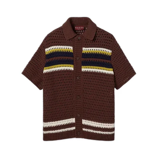 Crochet Cotton Knit Polo Shirt With Stripes