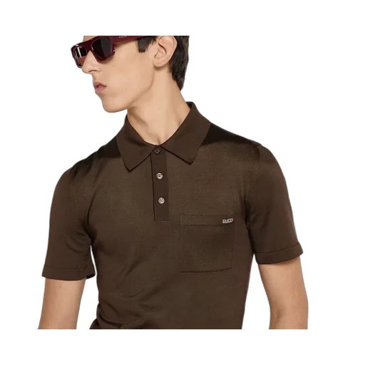 Fine Silk Knit Polo Top With Intarsia