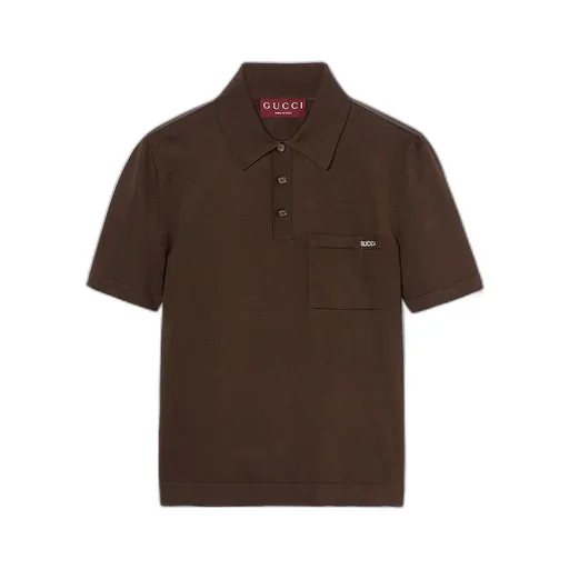 Fine Silk Knit Polo Top With Intarsia