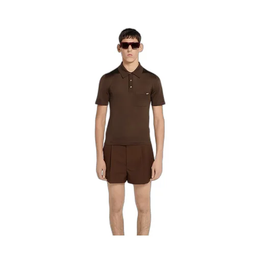 Fine Silk Knit Polo Top With Intarsia